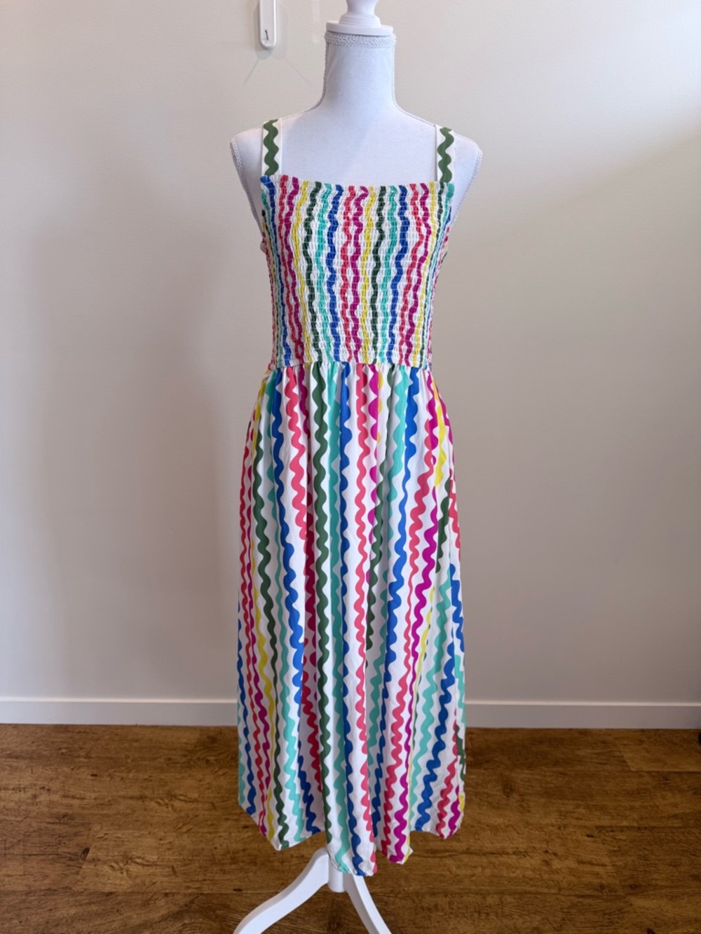 Sugarhill Brighton Smocked Midi Dress size 8 Wavy Rainbow Coquette Maximalist